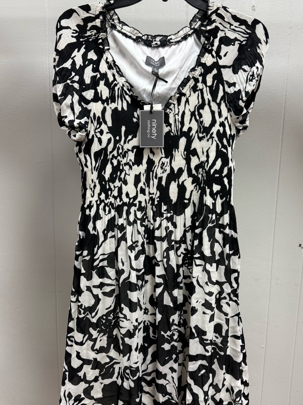 ninety Black & White Printed Midi Dress with Smocked Waist